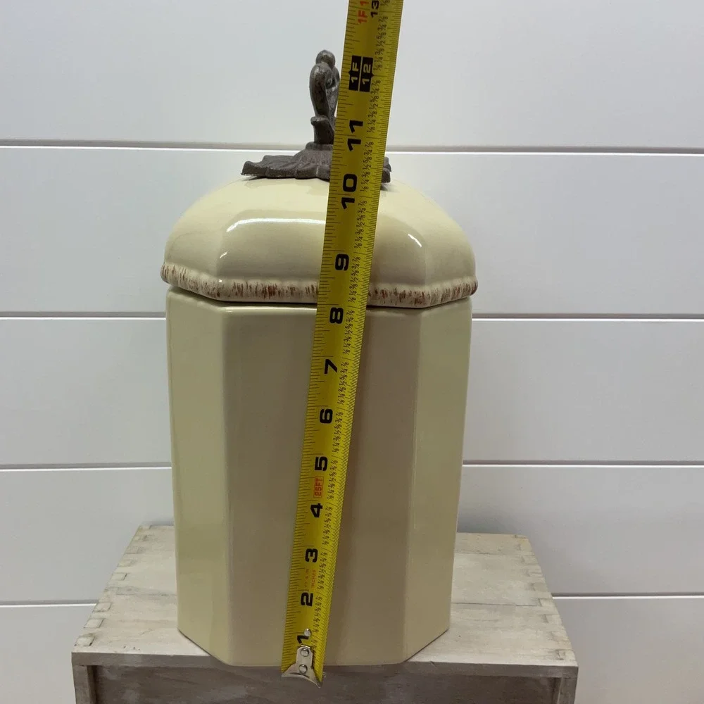 Cream Ceramic Octagonal Canister Rustic Cast Iron Finial Farmhouse Kitchen Jar